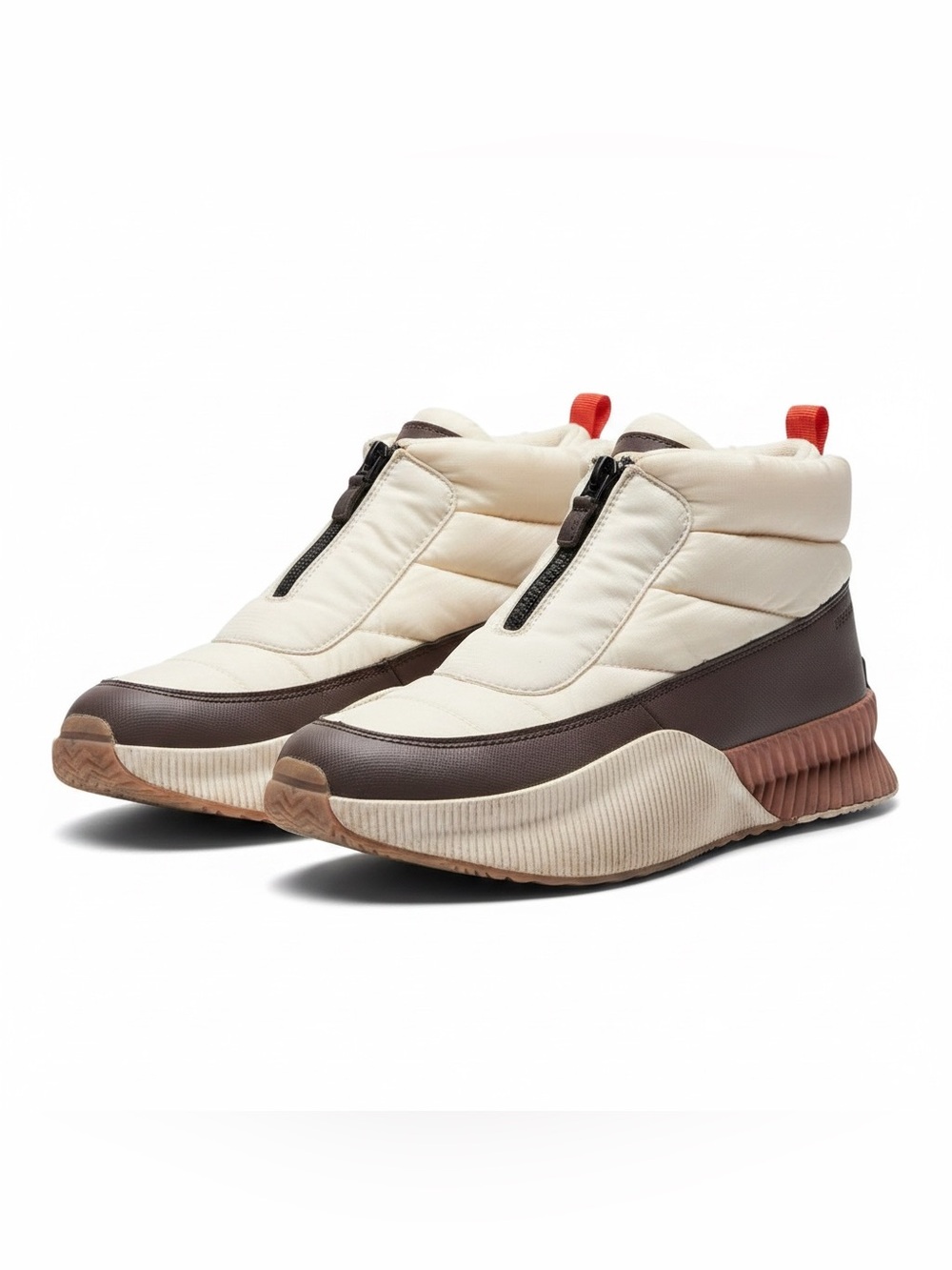 Sorel Cream and Brown Quilted Zip Winter Boots with Orange Pull Tab